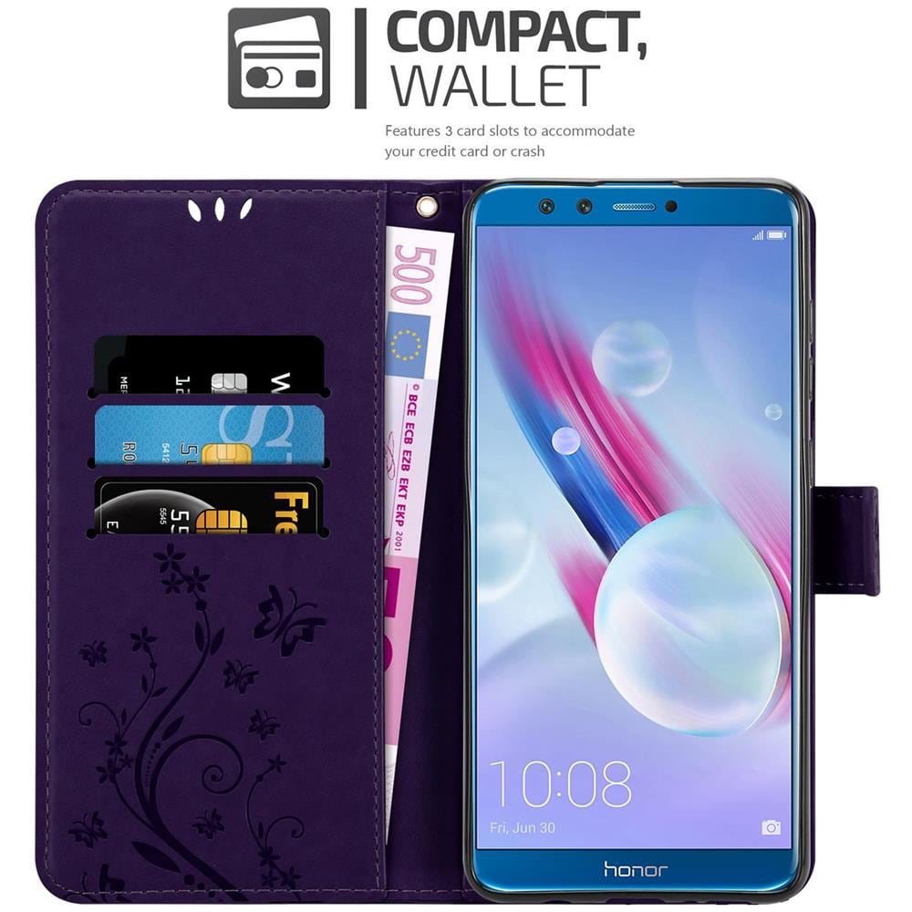 Custodia Compatibile Con Honor 9 Lite In Lilla Scuro Fiore - Coperchio Protettivo In Design Floreale Con Chiusura Magnetica, Funzione Stand E Slot Per Carte - Foto 2