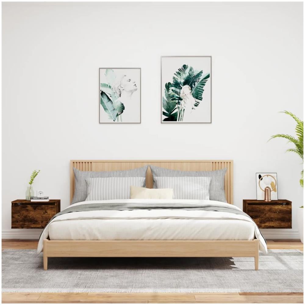 Comodini A Parete Con Luci Led 2 Pz Rovere Fumo - Foto 3