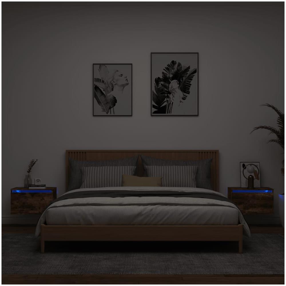 Comodini A Parete Con Luci Led 2 Pz Rovere Fumo - Foto 1