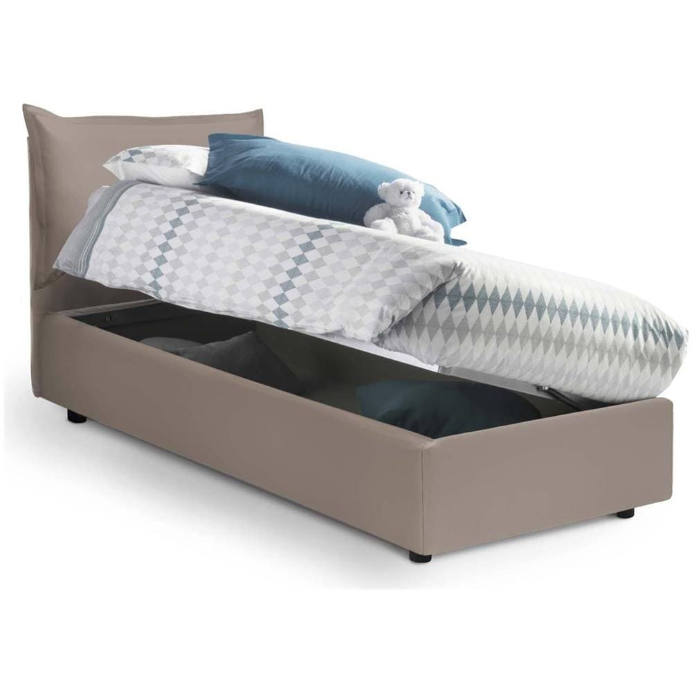 Letto Singolo Marianna, Letto Contenitore Con Rivestimento In Ecopelle, 100% Made In Italy, Apertura Laterale, Con Materasso Cm 80x190 Incluso, Tortora - Foto 2
