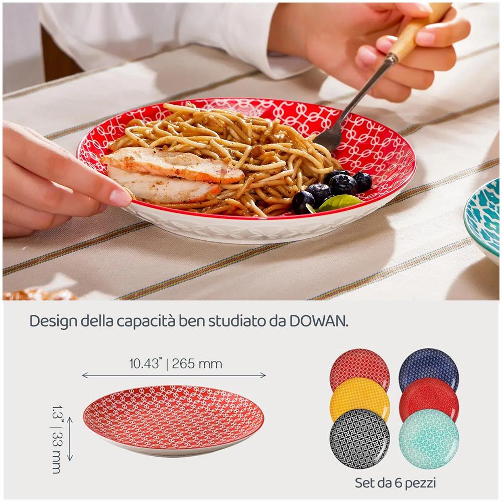 Piatti da Cena in Ceramica da 26.5CM, Set di Piatti per Pasta e Insalata in Porcellana - Set di 6, Colori Vibranti - Foto 7