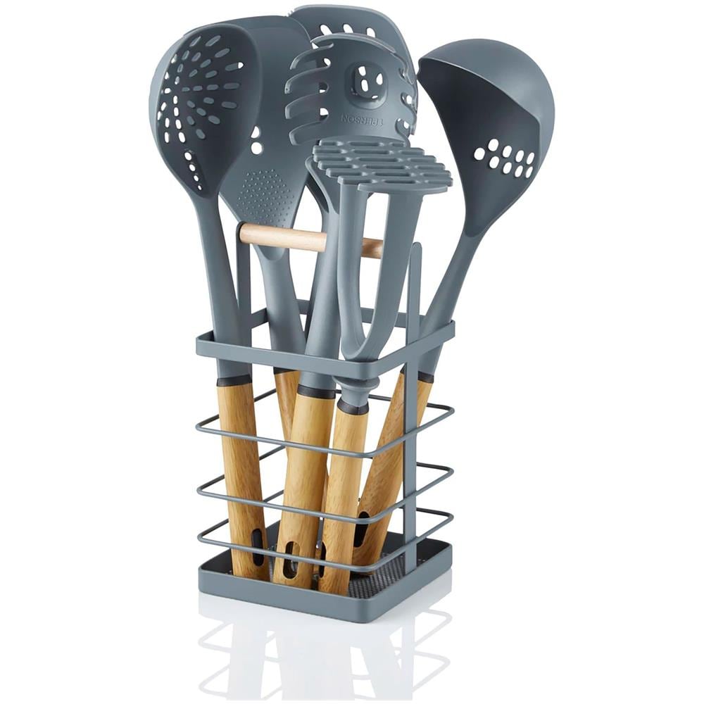 Nordic Nordic Set Di 6 Utensili Da Cucina Nylon + Portautensili, Manici Effetto Legno Grigio - Foto 1