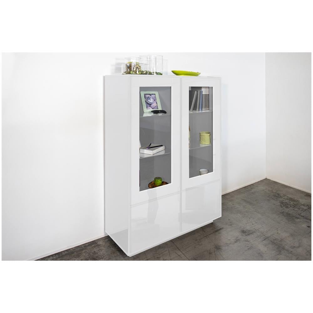 Vetrina Agostino, Credenza A 4 Ante Con Ripiani In Vetro, Mobile Da Soggiorno Multiuso, 100% Made In Italy, Cm 100x41h146, Bianco Lucido - Foto 1