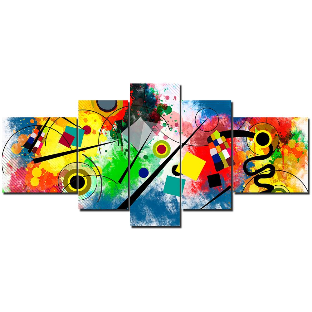Quadro Moderno Su Tela Montato Su Telaio In Legno Di 5 Pezzi, Stile Astratto Kandinsky, 180x85cm - Foto 2