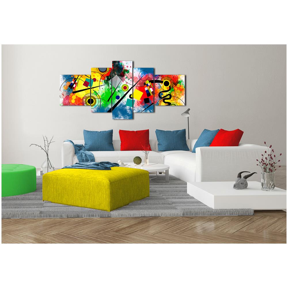 Quadro Moderno Su Tela Montato Su Telaio In Legno Di 5 Pezzi, Stile Astratto Kandinsky, 180x85cm - Foto 3