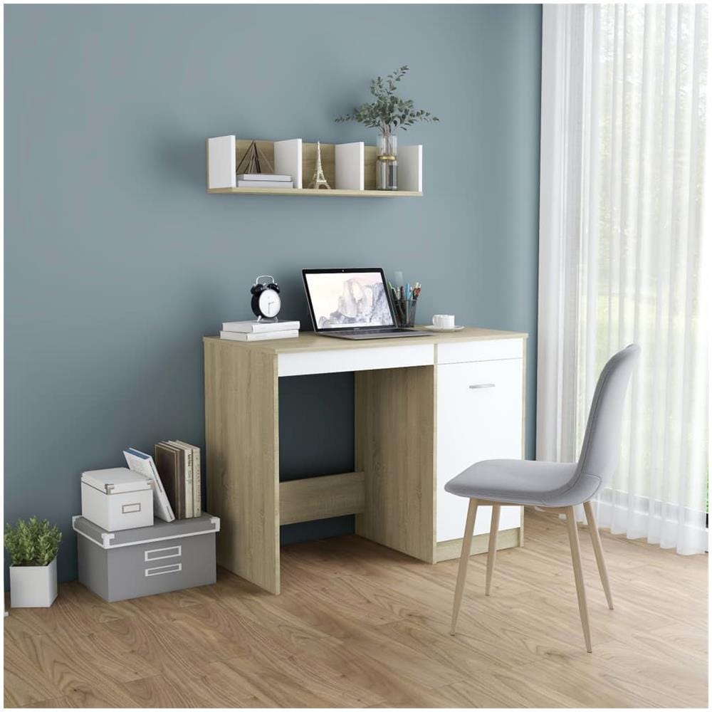 Scrivania Bianca e Rovere Sonoma 100x50x76 cm Legno Multistrato - Foto 1