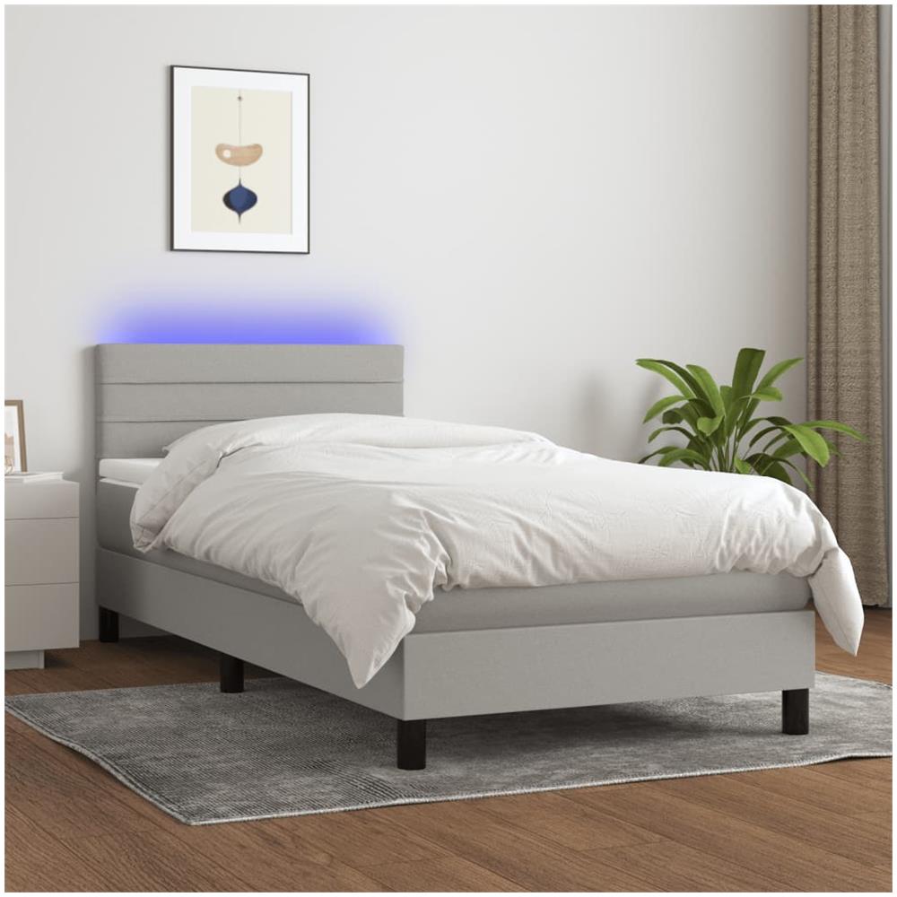 Letto A Molle Materasso E Led Grigio Chiaro 100x200 Cm Tessuto - Foto 1