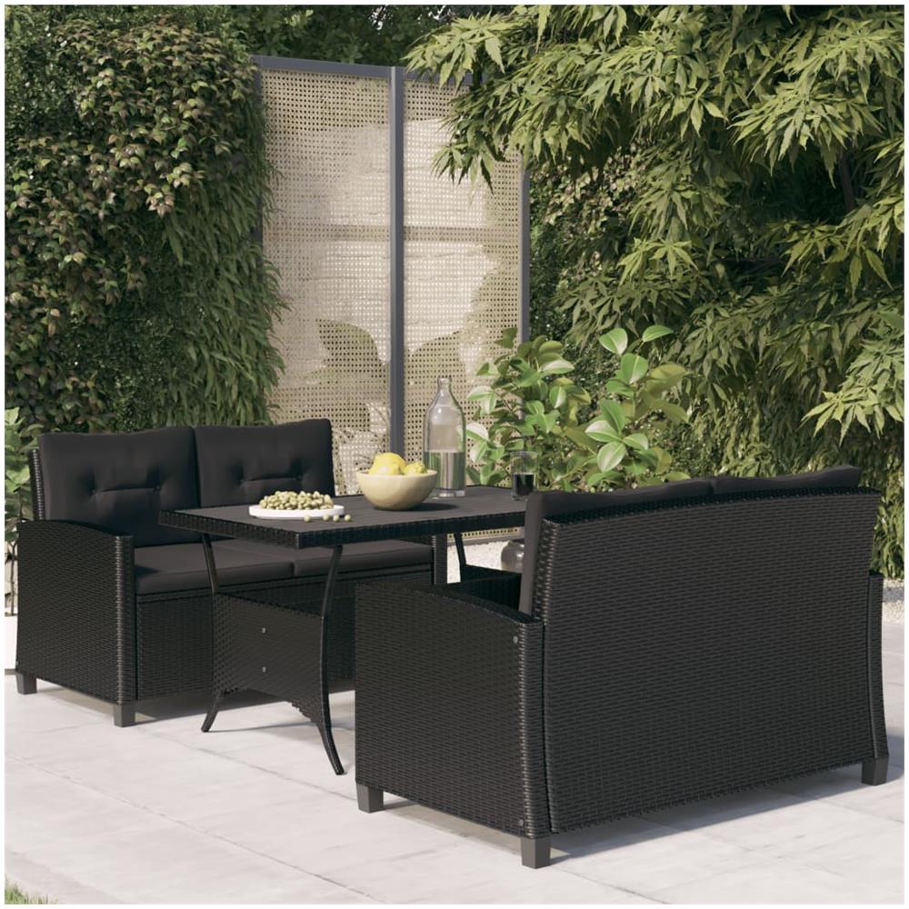 Set Da Pranzo Da Giardino 3 Pz Con Cuscini Nero In Polyrattan - Foto 1