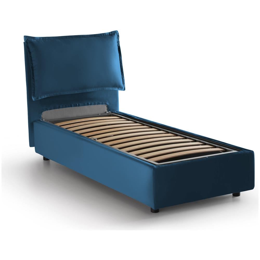 Letto Singolo Luna, Letto Contenitore Con Rivestimento In Tessuto, 100% Made In Italy, Apertura Laterale, Adatto Per Materasso Cm 80x190, Blu - Foto 4