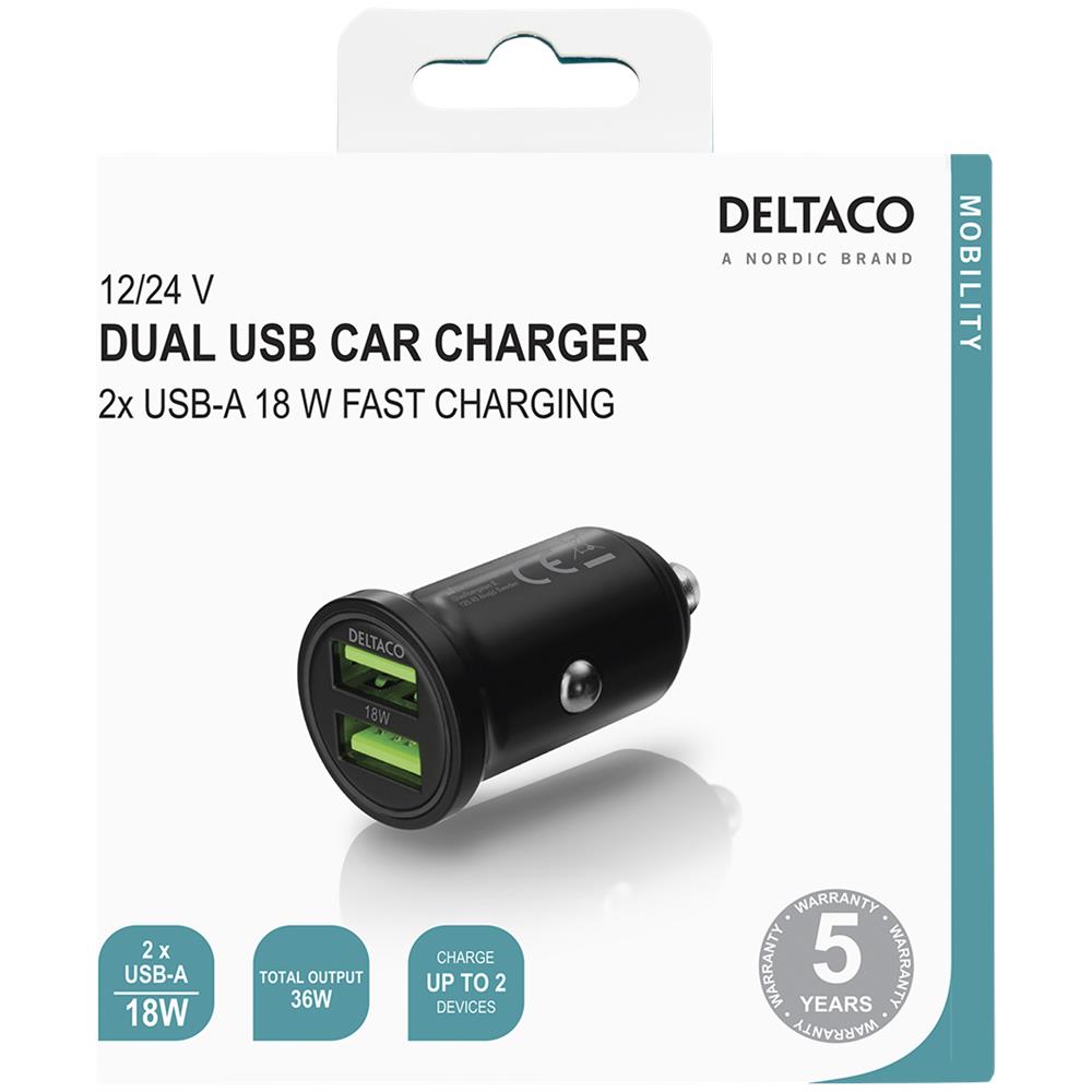 Caricabatteria Da Auto Deltaco Usb, 2x Usb-a 18 W, Ricarica Rapida, 36 W Totali - Foto 6