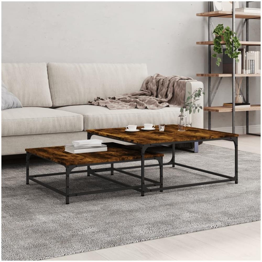 Tavolini Impilabili 2 Pz Rovere Fumo In Legno Multistrato - Foto 1