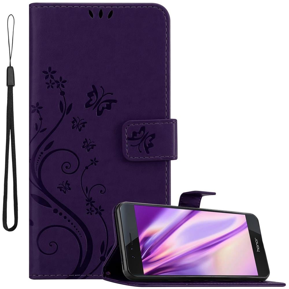 Custodia Compatibile Con Honor 8 / 8 Premium In Lilla Scuro Fiore - Coperchio Protettivo In Design Floreale Con Chiusura Magnetica, Funzione Stand E Slot Per Carte - Foto 1