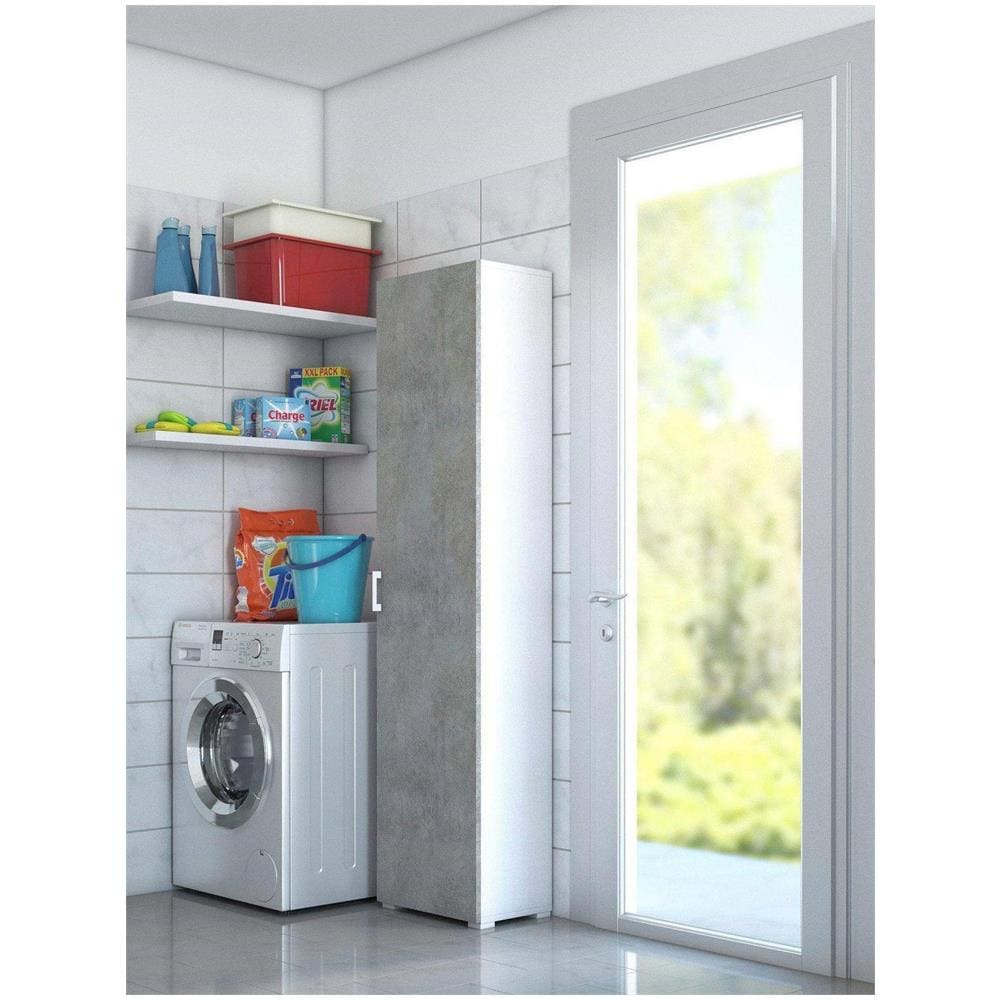 Armadio Multiuso Aquilegia, Mobile Lineare A 1 Anta Battenti E 4 Ripiani Regolabili, Mobile A Colonna Per Bagno, 100% Made In Italy, 45x45h195 Cm, Cemento E Bianco - Foto 1