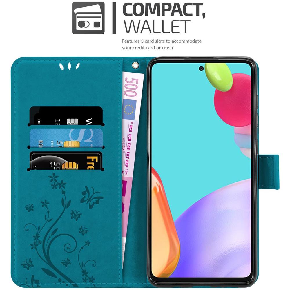 Custodia Compatibile Con Samsung Galaxy A52 5g In Blu Fiore - Coperchio Protettivo In Design Floreale Con Chiusura Magnetica, Funzione Stand E Slot Per Carte - Foto 2