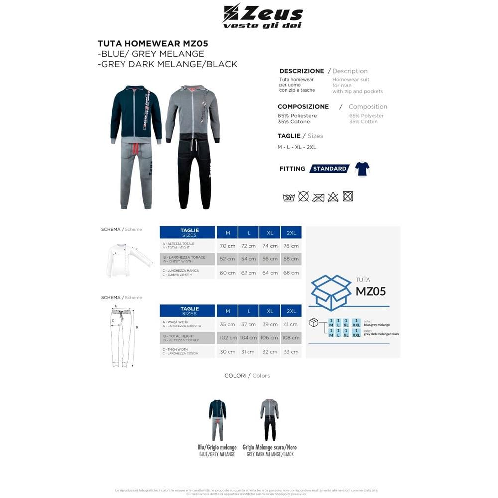 Tuta Uomo Zeus Sport Cotone Felpato Art. Mz05 : Grigio Melange Scuro \ Nero Tg Xxl - Foto 2