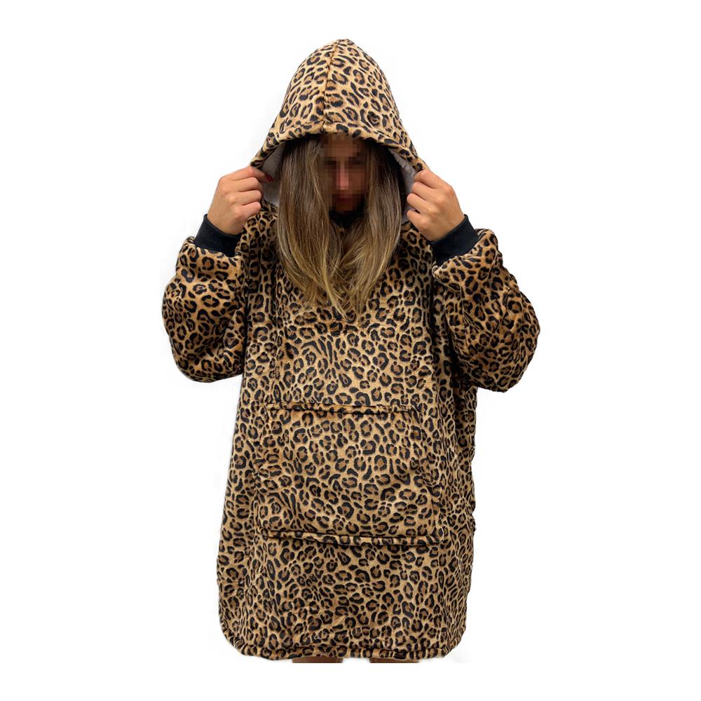 Felpa Plaid Coperta Retro Agnellato Con Tasca Sherpa Inverno Caldo Leopardato - Foto 1