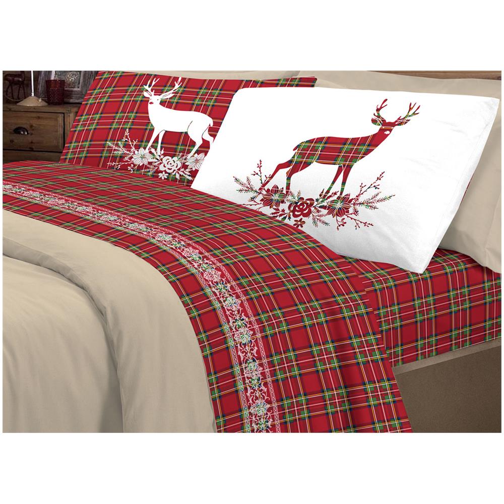 Completo Lenzuola Flanella Pensieri Delicati 100% Cotone Disegno Cervo Tartan Piazza E Mezza Rosso - Foto 1