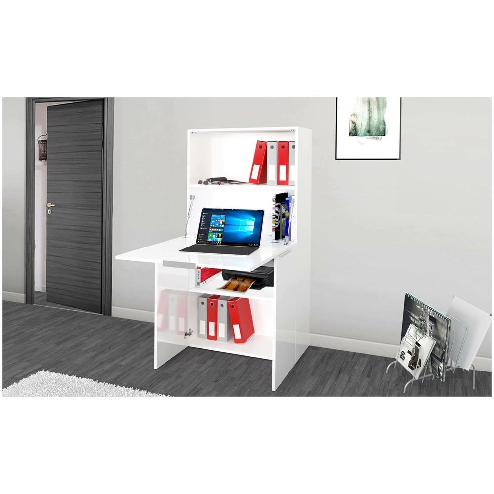 Scrivania Gianpiero, Mobile Multiuso Con Scaffali E Piano Da Lavoro, Tavolo Multiuso Per Ufficio, Scrivania Salvaspazio Multiposizione, 100% Made In Italy, Cm 70x35h140, Bianco Lucido - Foto 1
