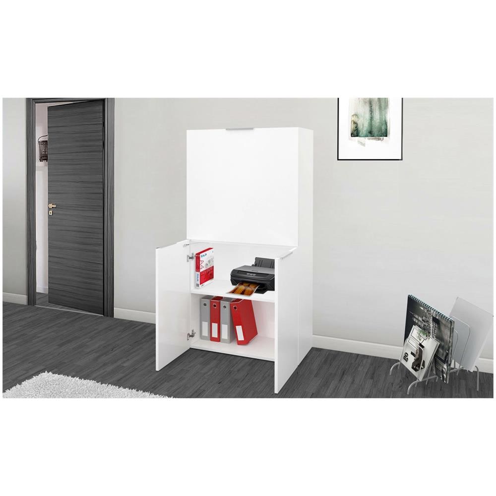 Scrivania Gianpiero, Mobile Multiuso Con Scaffali E Piano Da Lavoro, Tavolo Multiuso Per Ufficio, Scrivania Salvaspazio Multiposizione, 100% Made In Italy, Cm 70x35h140, Bianco Lucido - Foto 4