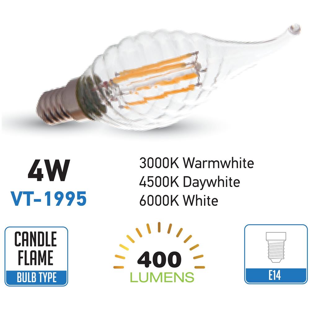 Lampadine Led E14 4w Filamento Twist Candela Fiamma Colpo Di Vento Luce Fredda 6400k Vt-1995 4432 - Foto 1