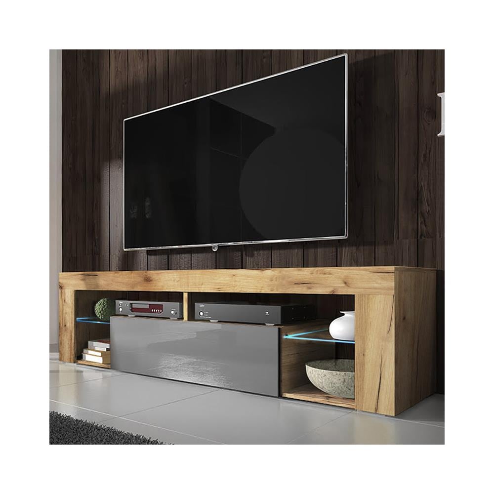 Bianko - Mobile Tv Moderno / Tavolino Tv / Porta Tv Elegante Con Ripiani In Vetro 140 Cm (quercia Dorata / Grigio Lucido, Con Led) - Foto 2