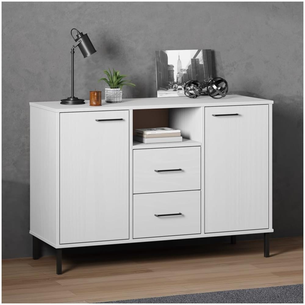 Credenza Gambe Metallo Bianco 113x40x77 Cm Legno Massello Oslo - Foto 1