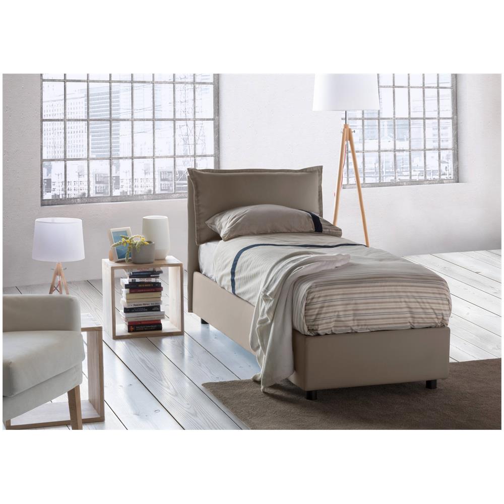 Letto Singolo Luna, Letto Contenitore Con Rivestimento In Tessuto, 100% Made In Italy, Apertura Laterale, Adatto Per Materasso Cm 80x190, Tortora - Foto 1