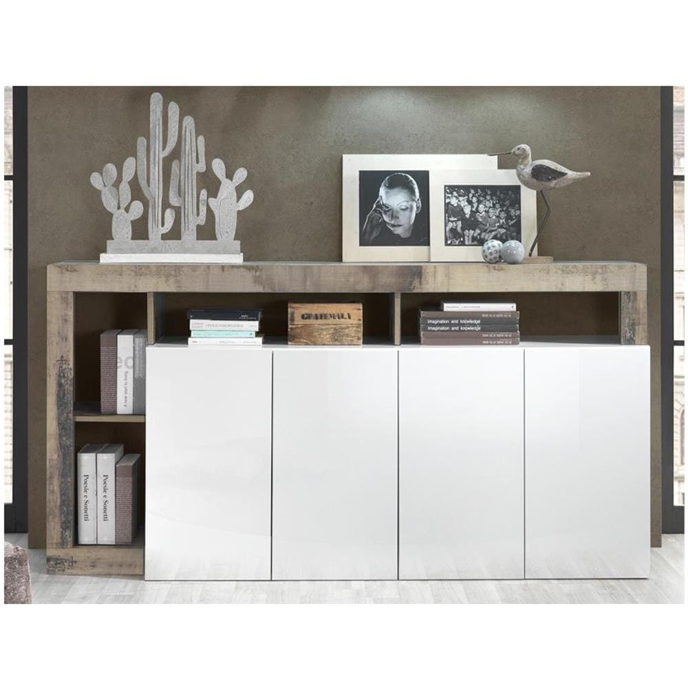 Credenza 4 Ante E 4 Nicchie Bianco Laccato E Rovere - Sefro - Foto 2