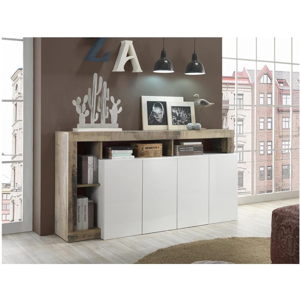 Credenza 4 Ante E 4 Nicchie Bianco Laccato E Rovere - Sefro - Foto 1