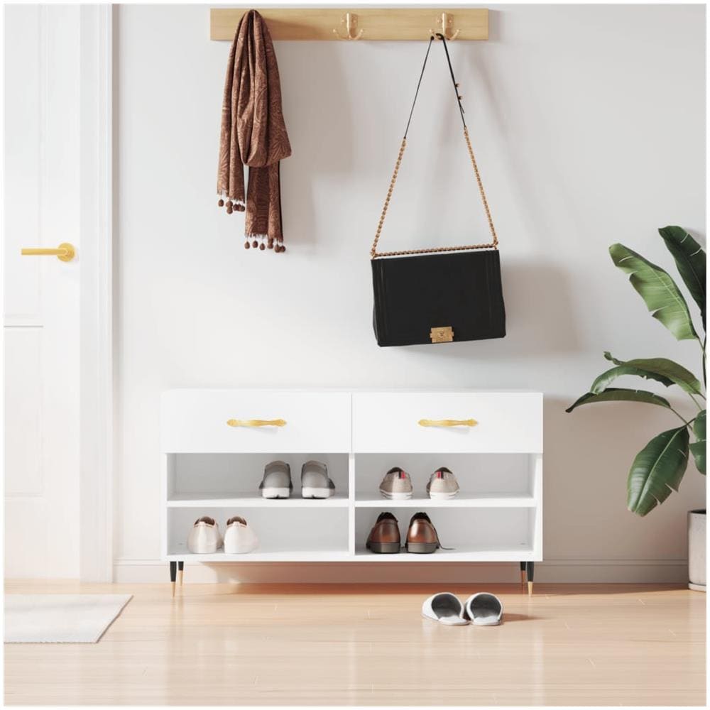 Panca Porta Scarpe Bianco Lucido 102x35x55 Cm Legno Multistrato - Foto 1
