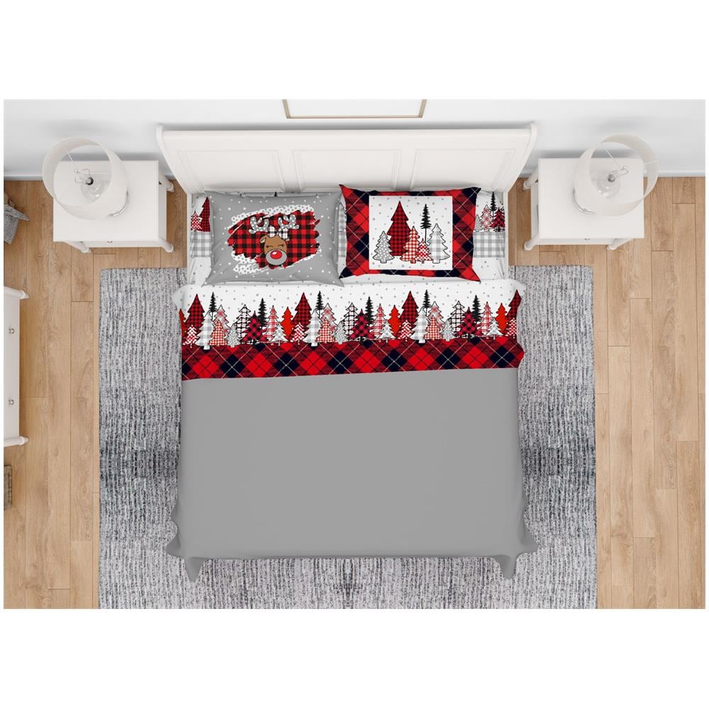 Completo Lenzuola In 100% Cotone Made Italy Disegno Renna Invernale Maxi Renna - Foto 1