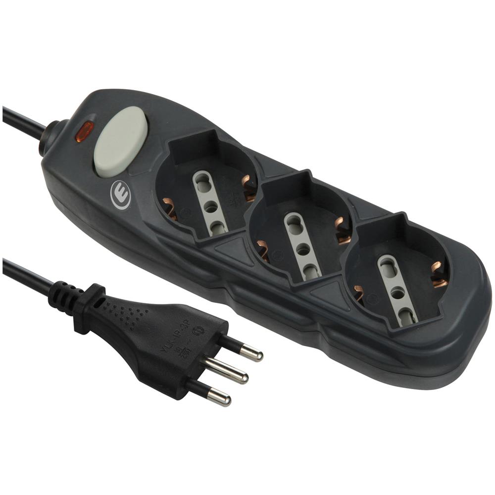 62072 Multipresa tripla polivalente (schuko + 10/16A) con interruttore - cavo 1,5 m nero - Foto 1