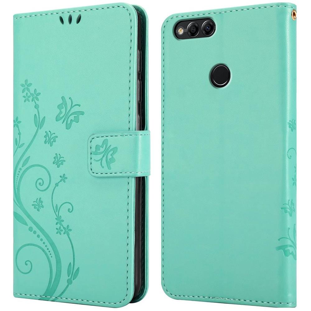 Custodia Compatibile Con Honor 7x In Turchese Fiore - Coperchio Protettivo In Design Floreale Con Chiusura Magnetica, Funzione Stand E Slot Per Carte - Foto 8