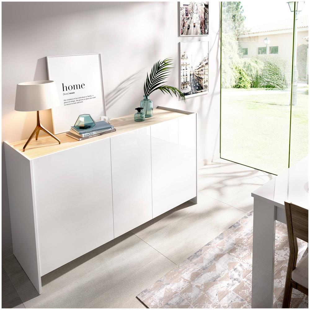 Credenza Calino, Buffet Da Soggiorno, Madia Moderna Da Salotto A 3 Ante, 138x42h76 Cm, Bianco E Rovere - Foto 1