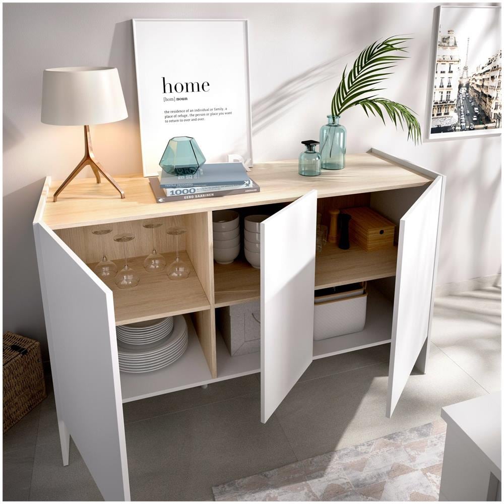 Credenza Calino, Buffet Da Soggiorno, Madia Moderna Da Salotto A 3 Ante, 138x42h76 Cm, Bianco E Rovere - Foto 4