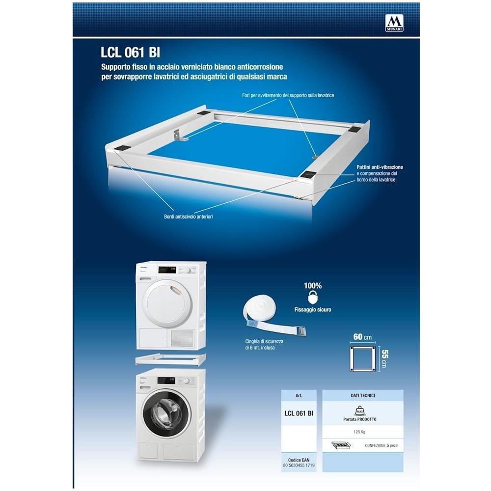 LCL061BI Kit Sovrapposizione Lavatrice Asciugatrice Fisso 60x55 cm 125 kg Bianco - Foto 1
