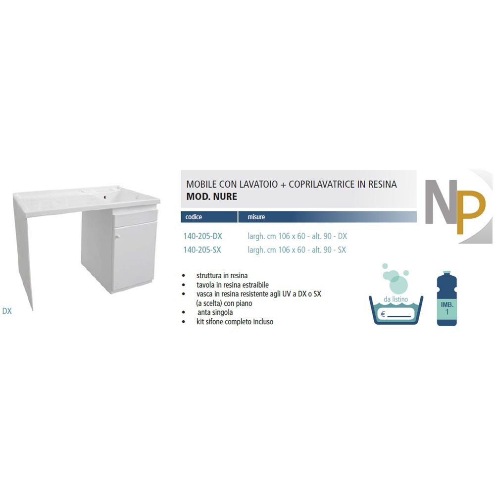 Lavatoio + Coprilavatrice Vasca In Resina 60 X 106 X H. 90 Cm Dx - Foto 2