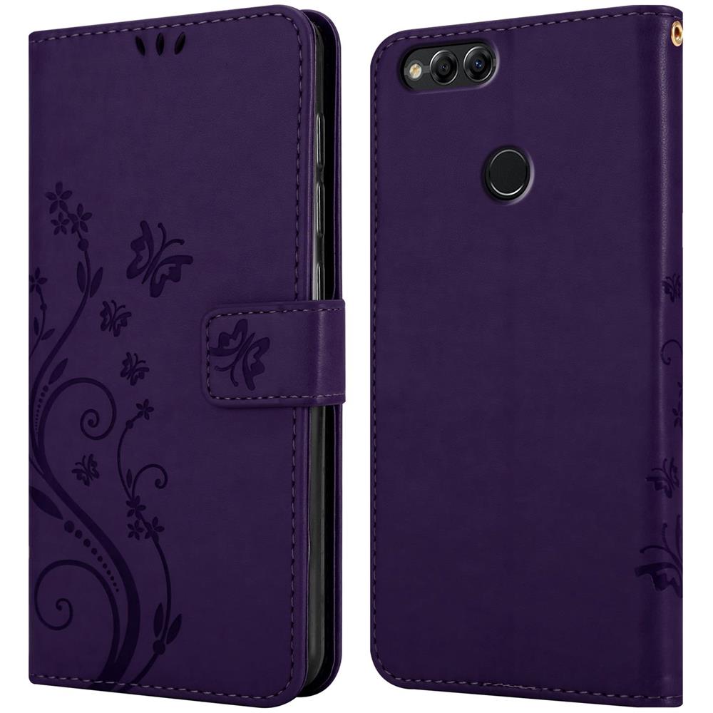 Custodia Compatibile Con Honor 7x In Lilla Scuro Fiore - Coperchio Protettivo In Design Floreale Con Chiusura Magnetica, Funzione Stand E Slot Per Carte - Foto 8