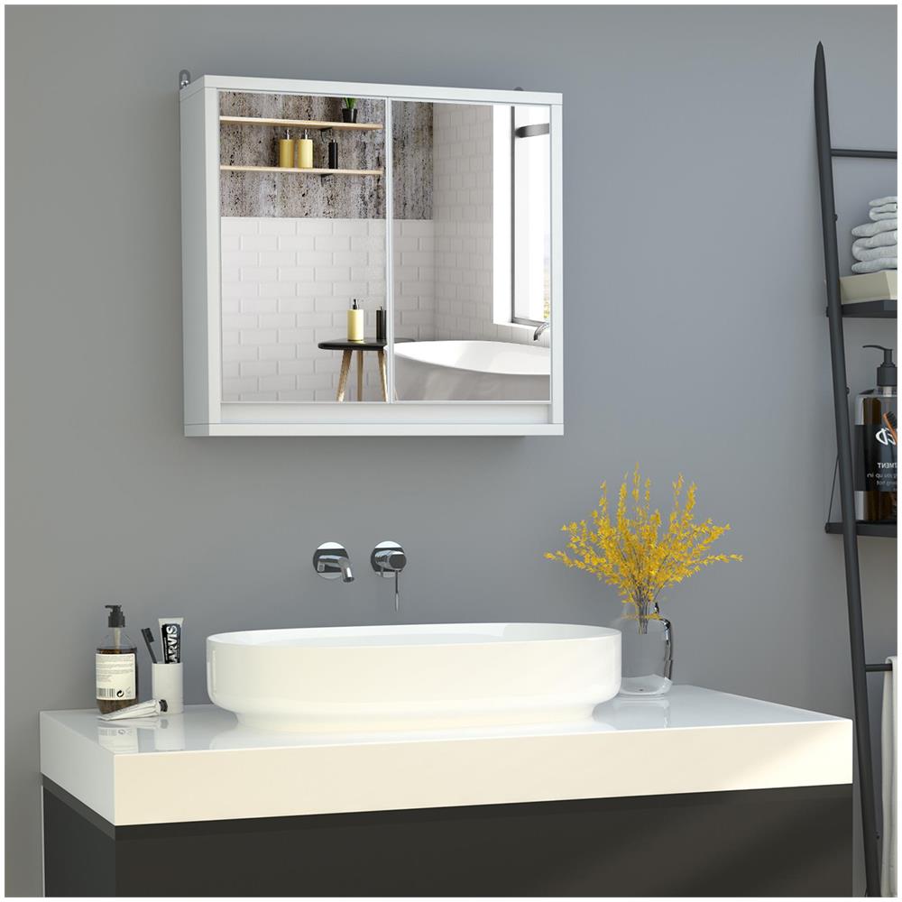 Armadietto Bagno a 2 Ante con Specchiera e Ripiano Regolabile in MDF, 48x14.5x45cm, Bianco - Foto 2