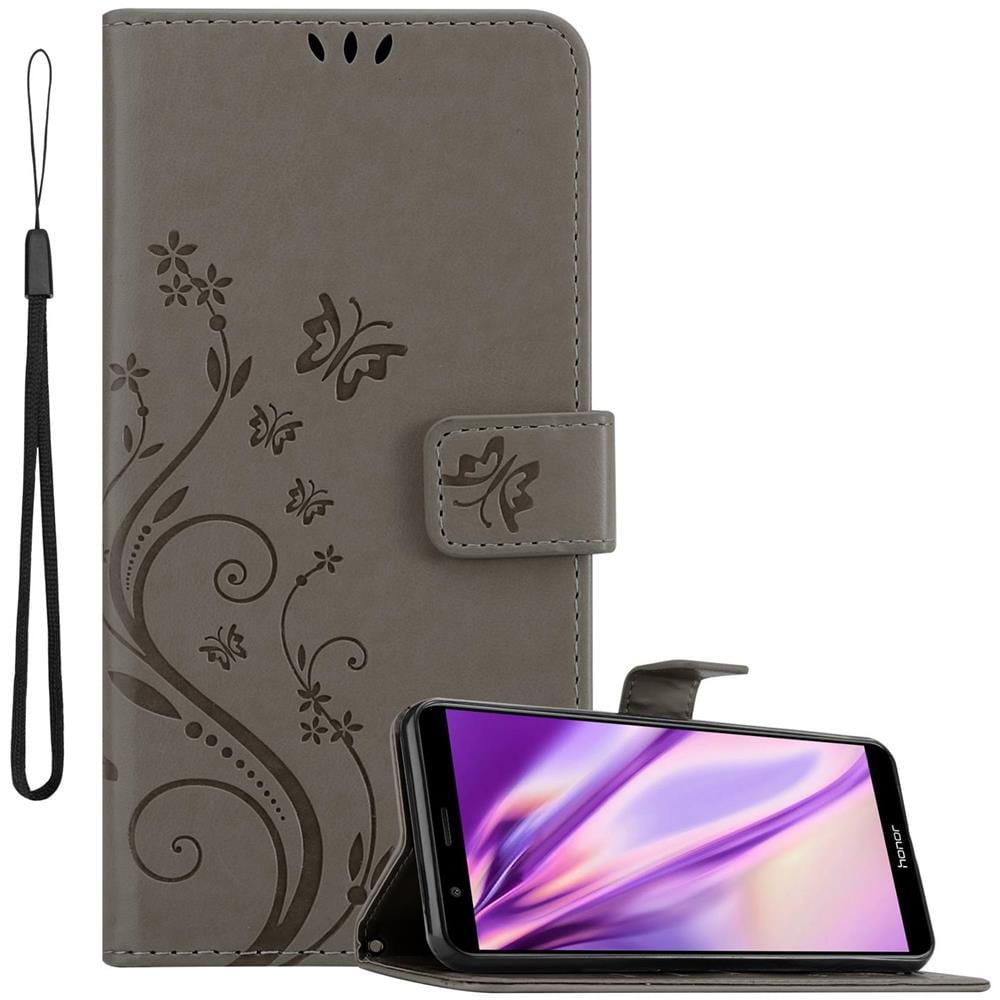 Custodia Compatibile Con Honor 7x In Grigio Fiore - Coperchio Protettivo In Design Floreale Con Chiusura Magnetica, Funzione Stand E Slot Per Carte - Foto 1