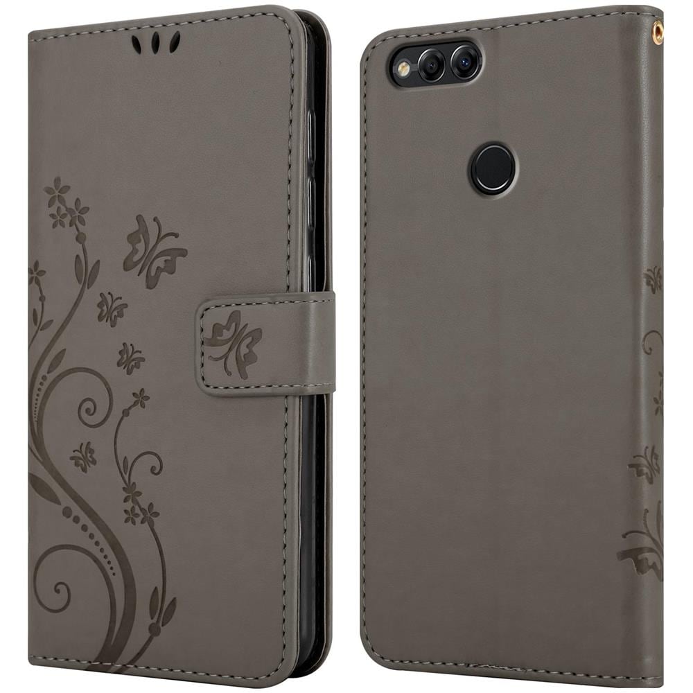 Custodia Compatibile Con Honor 7x In Grigio Fiore - Coperchio Protettivo In Design Floreale Con Chiusura Magnetica, Funzione Stand E Slot Per Carte - Foto 8