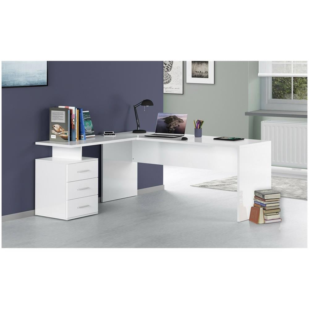 Scrivania Mark, Scrittoio Angolare Porta Pc, Tavolo Multiuso Per Ufficio, Scrivania Salvaspazio Multiposizione, 100% Made In Italy, Cm 160x60h75, Bianco Lucido - Foto 1