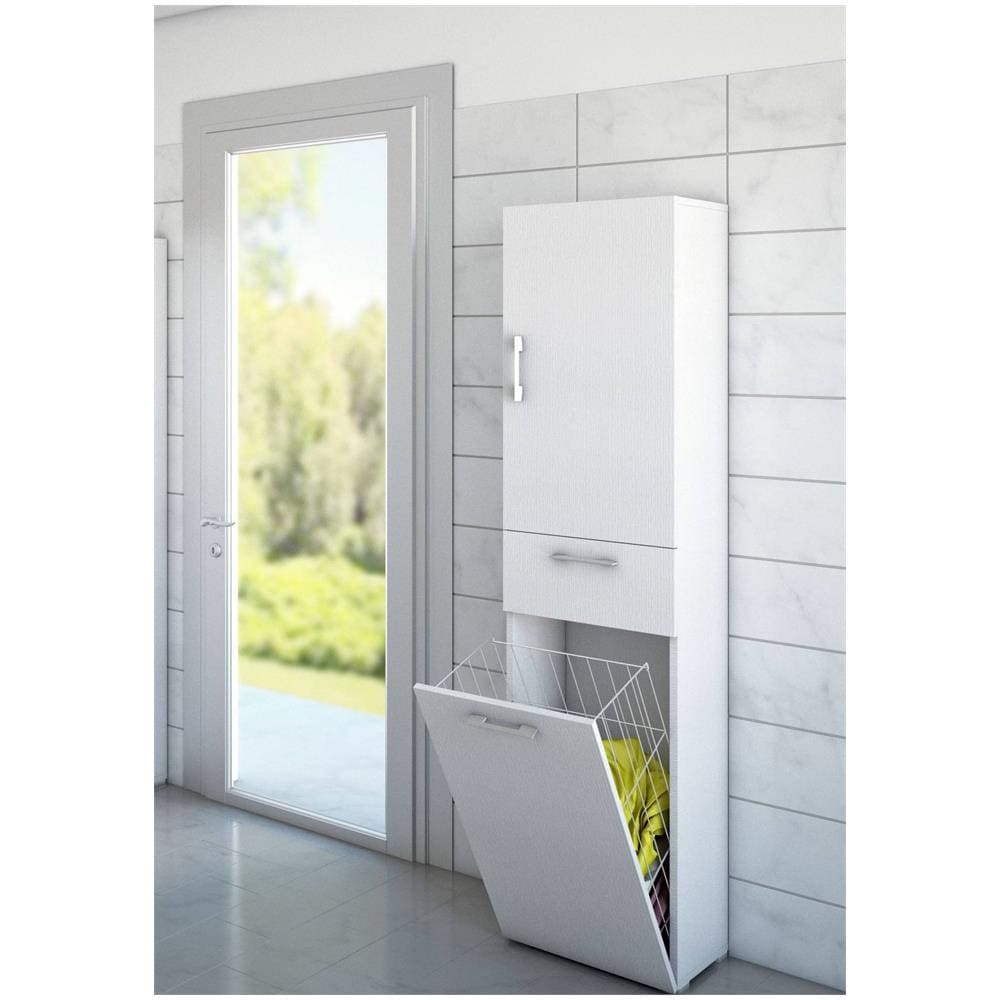 Armadio Da Lavanderia A 1 Anta, 100% Made In Italy, Mobile Con 1 Cestello Porta Biancheria E 1 Cassetto, Colonna Moderna Da Bagno, Cm 45x32h195, Colore Bianco - Foto 1
