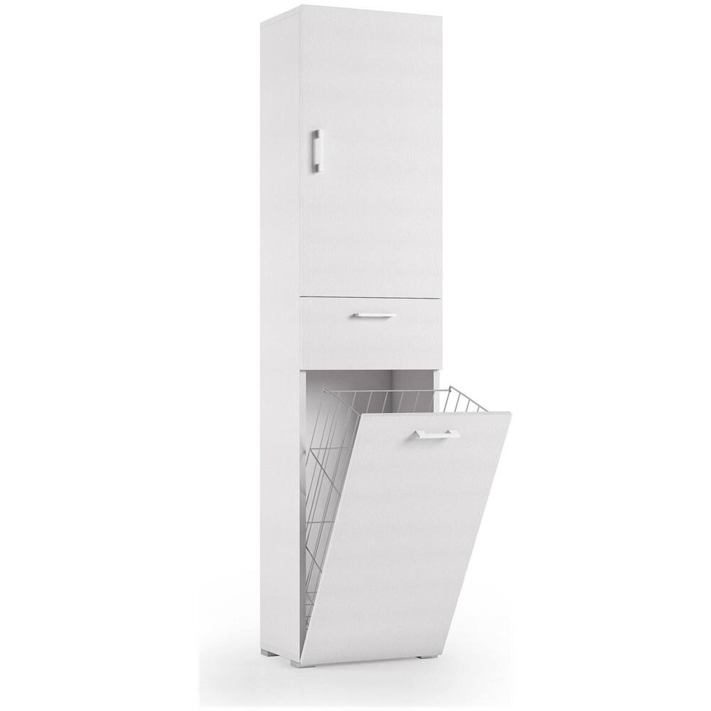 Armadio Da Lavanderia A 1 Anta, 100% Made In Italy, Mobile Con 1 Cestello Porta Biancheria E 1 Cassetto, Colonna Moderna Da Bagno, Cm 45x32h195, Colore Bianco - Foto 2