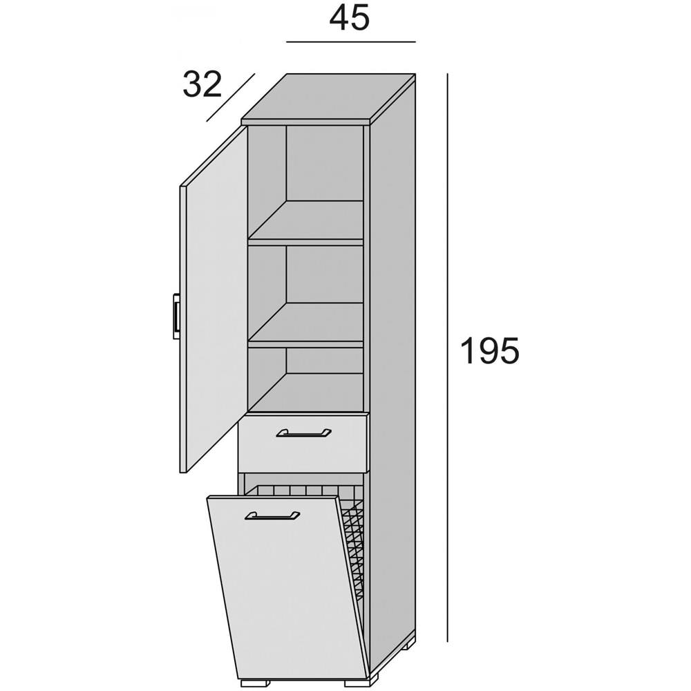 Armadio Da Lavanderia A 1 Anta, 100% Made In Italy, Mobile Con 1 Cestello Porta Biancheria E 1 Cassetto, Colonna Moderna Da Bagno, Cm 45x32h195, Colore Bianco - Foto 3