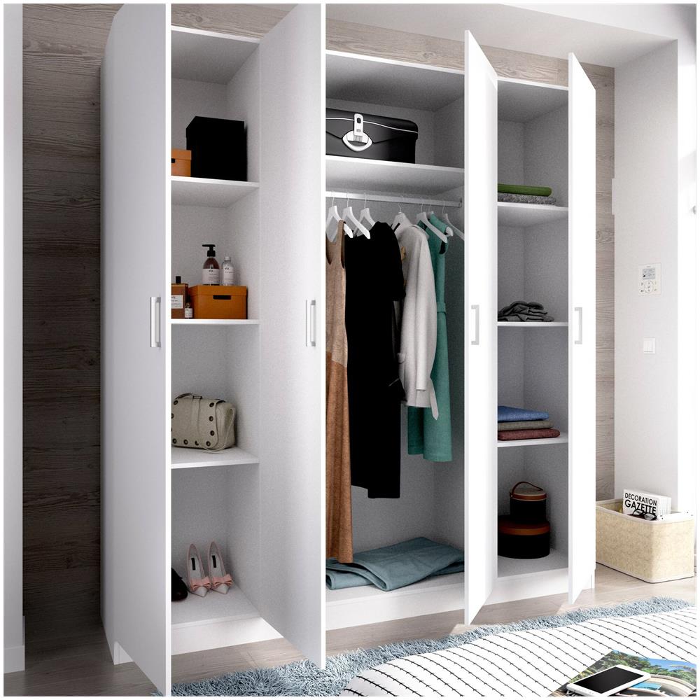 Guardaroba Bove, Mobile Appendiabiti Per Camera Da Letto, Armadio A 4 Ante Battenti, 200x52h215 Cm, Bianco - Foto 4