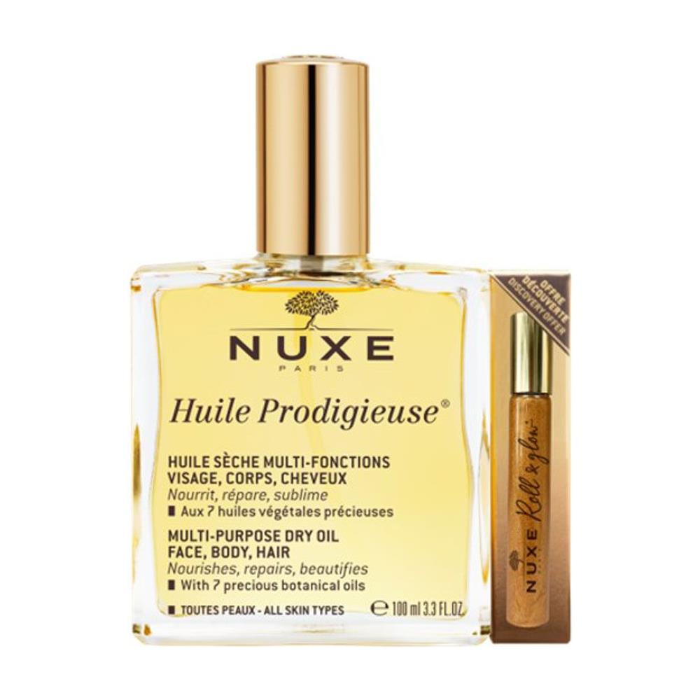 Olio Secco Multifunzione 100ml + Roll On Gold 8ml Huile Prodigieuse Viso Corpo E Capelli Nuxe - Foto 1