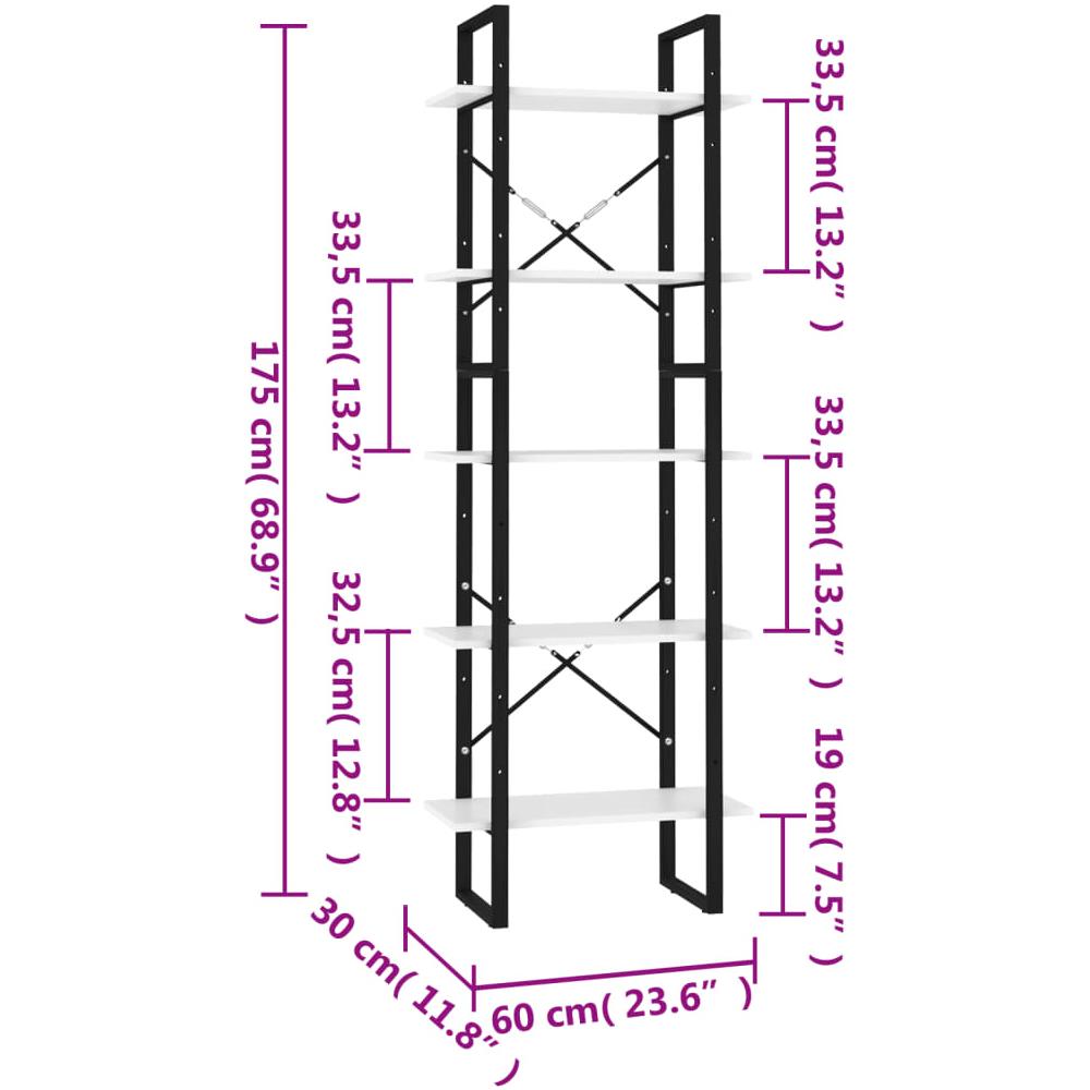 Libreria A 5 Ripiani Grigia 60x30x175 Cm In Legno Di Pino - Foto 2