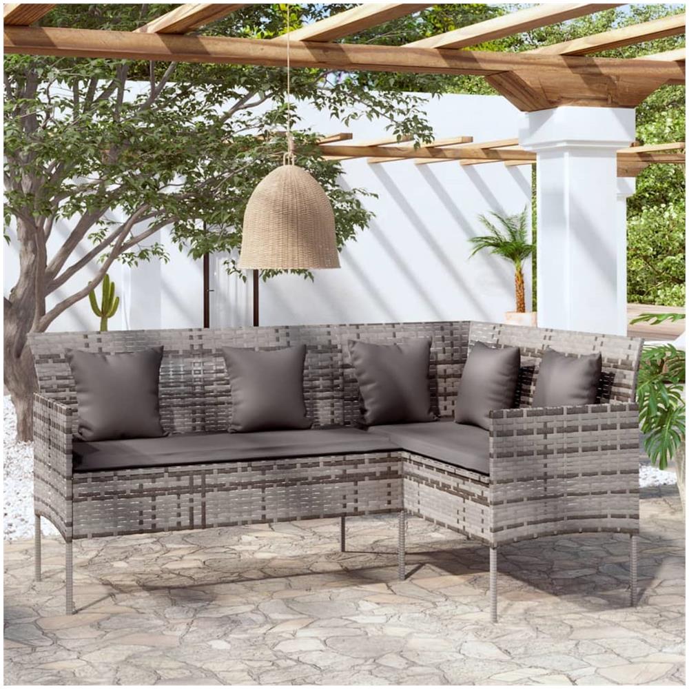 Divano A Forma Di L Con Cuscini In Polyrattan Grigio - Foto 1
