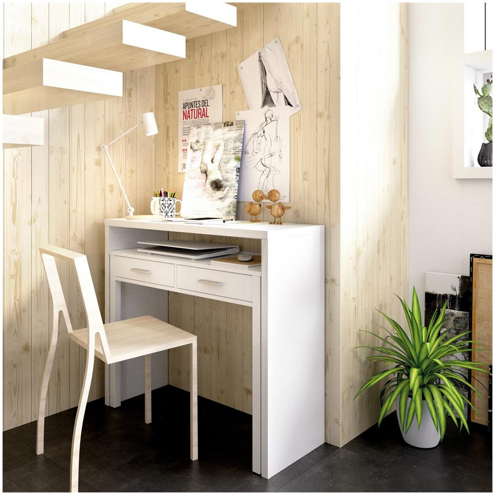 Scrivania Losetta, Scrittoio Multiposizione Con Piano Estraibile, Consolle Da Studio Lineare Con 2 Cassetti, 99x70h88 Cm, Bianco - Foto 1